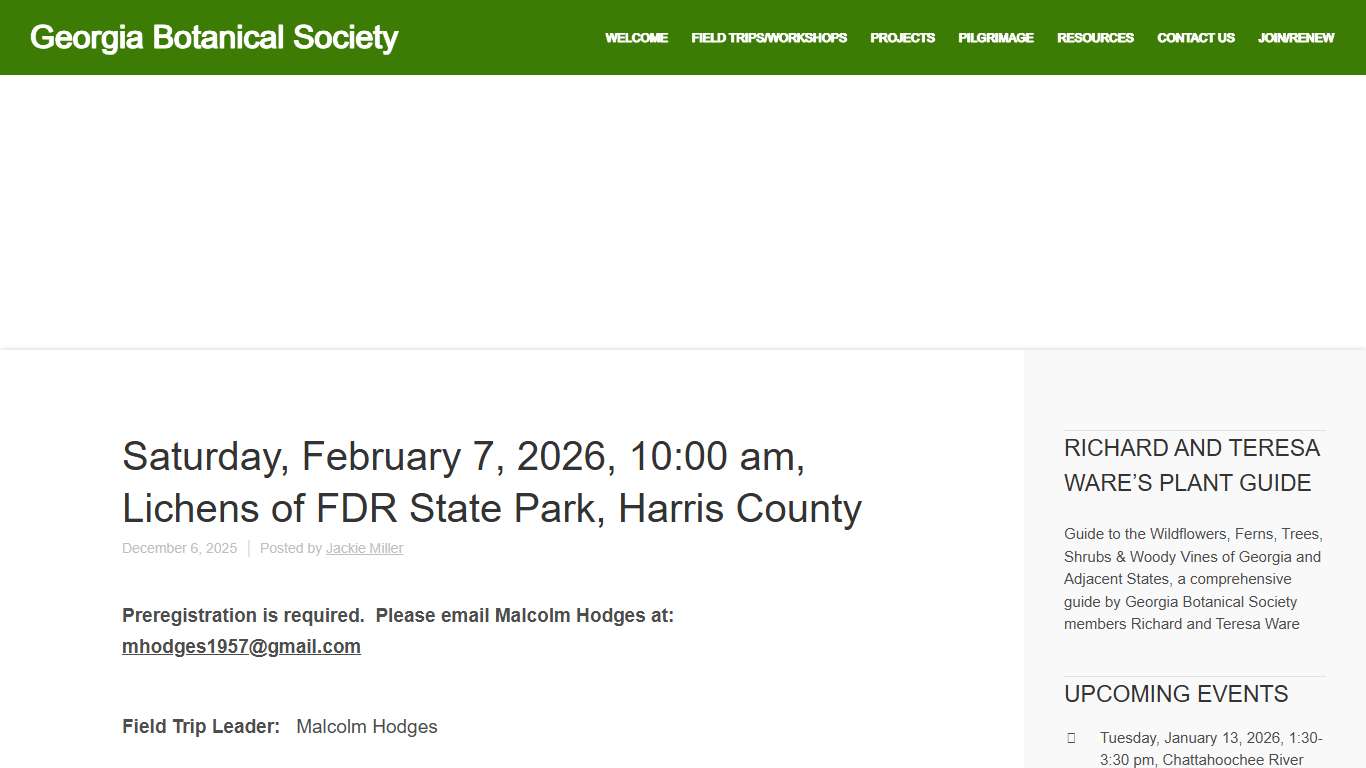 Saturday, February 7, 2026, 10:00 am, Lichens of FDR State Park, Harris County | Georgia Botanical Society